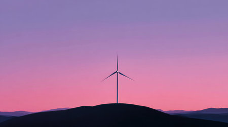 A breathtaking scene featuring a wind turbine silhouette against a stunning pink and purple sunset, symbolizing renewable energy and the beauty of nature.の素材