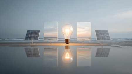 Artistic representation of a light bulb surrounded by solar panels and empty frames on a beach at sunset, symbolizing energy innovation and sustainability.の素材