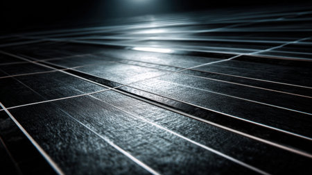 Dark wooden floor with striking lines and reflections under dramatic lighting, perfect for creative projects in design, photography, or interior decoration.の素材