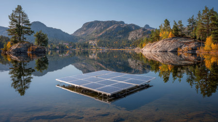 A stunning view of solar panels floating on a calm lake, surrounded by majestic mountains and vibrant autumn foliage, highlighting the beauty of renewable energy in nature.の素材