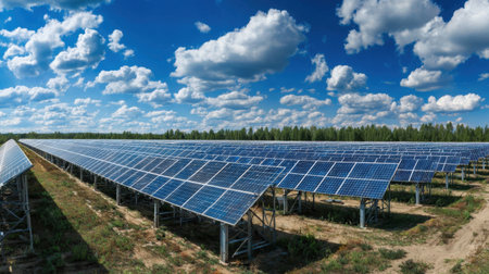 A stunning view of a vast solar farm bathed in sunlight, showcasing rows of photovoltaic panels against a backdrop of a bright blue sky filled with fluffy white clouds.の素材