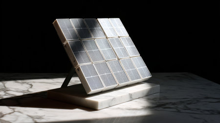 An artistic representation of a solar panel mounted on a sleek marble surface, highlighting its innovative design and the importance of renewable energy in a modern world.の素材