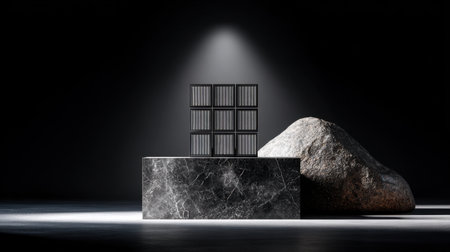 This image showcases an artistic arrangement of a textured rock and a grid panel sculpture under dramatic lighting, perfect for modern design and minimalism themes.の素材