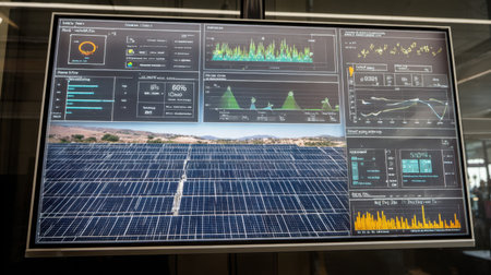 A modern digital display showcasing comprehensive solar energy data analytics with graphs and charts, ideal for illustrating renewable energy research and technology advancements.の素材