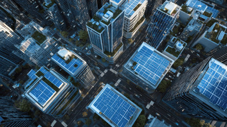 A stunning aerial view highlighting a vibrant urban landscape with skyscrapers featuring solar panels and green rooftops, symbolizing modern sustainability and innovation.の素材
