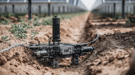A cutting-edge agricultural robot positioned in furrows of soil under solar panels, designed to enhance farming practices through monitoring and precision technology.の素材