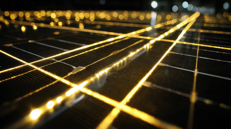A close-up view of a solar panel array is beautifully illuminated with glowing grid lines, highlighting the fascination of renewable energy technology in a striking dark setting.の素材