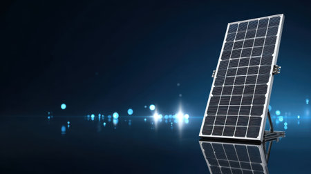 A striking image of a solar panel on a shiny surface with a dark blue backdrop, depicting the essence of renewable energy and modern environmental technology.の素材