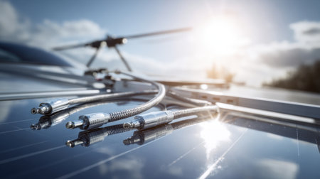 A detailed close-up of solar panel cables highlighted by bright sunlight, capturing the essence of renewable energy technology and modern sustainable practices in a beautiful outdoor setting.の素材