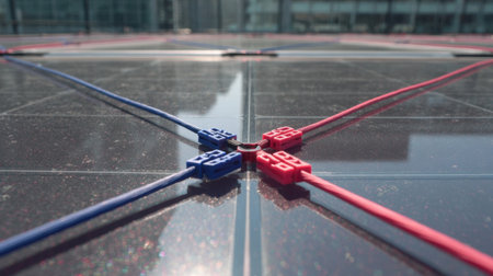 Detailed view of solar panel connectors with contrasting red and blue wires on a reflective surface, symbolizing modern renewable energy technology and its sustainable future.の素材