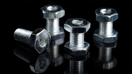 A collection of metallic nuts and bolts arranged on a reflective black surface, showcasing intricate details and industrial design, ideal for mechanical and construction-related themes.の素材