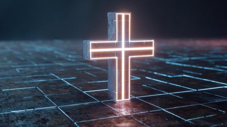 A striking digital representation of an illuminated cross on a dark background, conveying themes of faith and spirituality. This modern artwork features vibrant neon effects that inspire contemplation.の素材