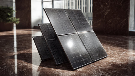Showcase of innovative solar panels in a gleaming indoor space, emphasizing the importance of renewable energy and sustainable technology for a brighter future.の素材