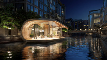 A stunning modern building reflects beautifully in the calm waters at night, highlighting unique architectural design in a vibrant urban setting.の素材