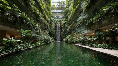 Explore a stunning indoor waterfall amidst lush greenery and modern architecture, creating a tranquil oasis ideal for relaxation and rejuvenation.の素材