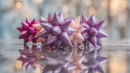 Vibrant star-shaped decorations in pastel shades create a stunning visual effect on a reflective surface, perfect for holiday and event styling.の素材