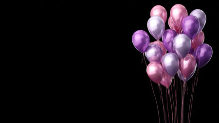 A stunning collection of vibrant balloons in pink and purple colors, perfect for creating a festive atmosphere for any celebration against a striking black background.の素材