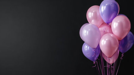 A vibrant arrangement of pink and purple balloons set against a dark background, creating a perfect centerpiece for any festive occasion or celebration.の素材