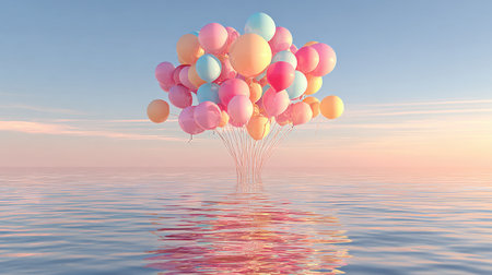 A beautiful arrangement of pastel balloons floats gracefully above calm water, reflecting soft colors at sunrise, creating a joyful and serene atmosphere perfect for celebrations.の素材