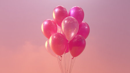 A cluster of vibrant pink balloons floats serenely against a soft pastel sky, evoking a sense of joy, celebration, and whimsy, perfect for various festive occasions.の素材