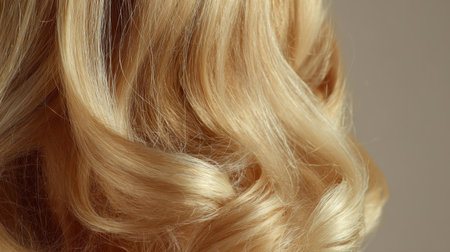 A stunning closeup of blonde hair styled in soft curls, emphasizing shine and texture against a neutral background, ideal for beauty and hairstyle promotions.の素材