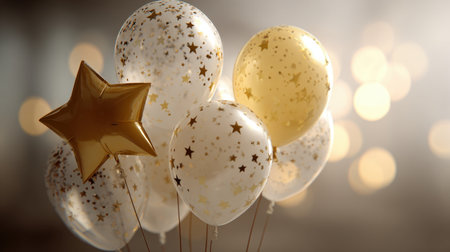 Vibrant balloons featuring gold stars and sparkles create a cheerful ambiance perfect for celebrations, parties, and special events with soft, elegant lighting.の素材