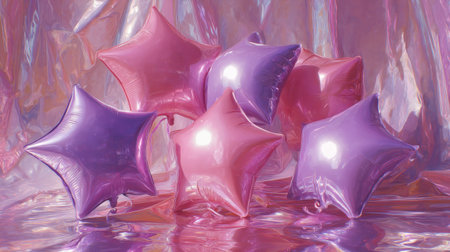 A vibrant display of star-shaped balloons in shades of pink and purple, set against an eye-catching iridescent background, ideal for festive occasions and celebration themes.の素材