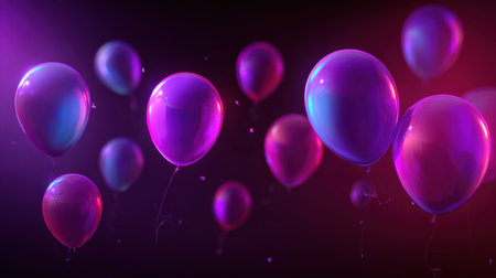 A stunning arrangement of colorful balloons floating in a magical atmosphere, ideal for use in design projects related to celebrations, parties, and joyful events.の素材