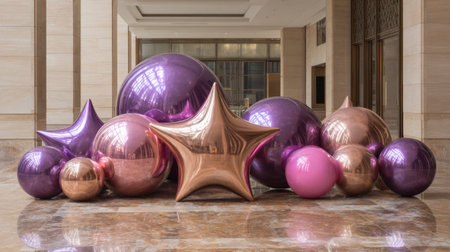 A stunning display of various reflective metallic balloons in a mix of purple and pink hues, creating an elegant and festive atmosphere in a spacious indoor setting.の素材