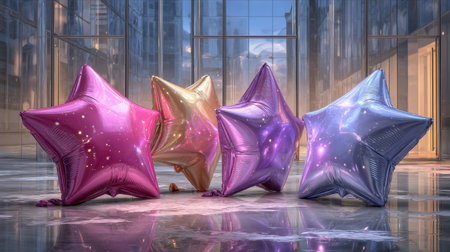 A captivating scene featuring colorful star-shaped balloons in a sleek urban environment, reflecting light and shadows while adding a festive touch to any celebration or event.の素材