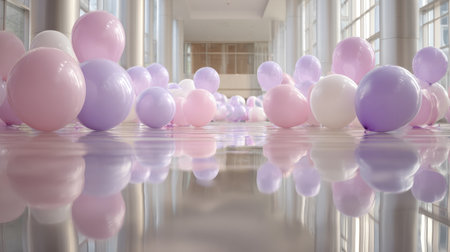 A charming display of pastel balloons in shades of pink, purple, and white positioned in a modern hallway, creating a festive atmosphere ideal for celebrations and events.の素材
