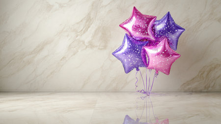 A group of shiny star-shaped balloons in vibrant pink and purple hues, ideal for adding a festive touch to any celebration or special event, set against a stylish marble background.の素材