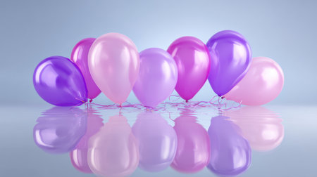 A vibrant collection of purple and pink balloons sits elegantly against a soft background, creating a playful atmosphere ideal for celebration and event decoration.の素材