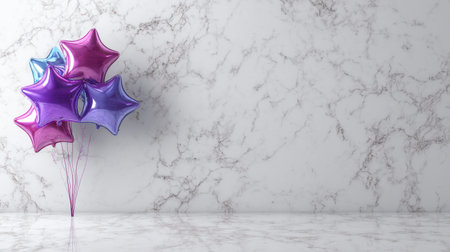 A stunning arrangement of star-shaped balloons in vibrant colors against a smooth marble backdrop, ideal for enhancing any celebration or event with elegance and charm.の素材