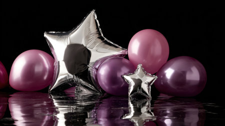 Vibrant party balloons in pink and purple along with shiny silver star shapes create a festive atmosphere perfect for any celebration. Ideal for birthdays and special events.の素材