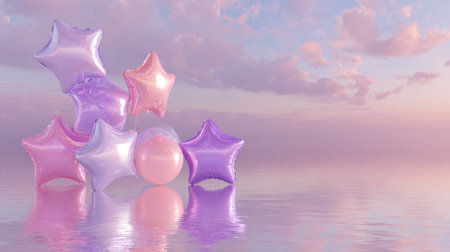 Charming pastel balloons reflect softly on a tranquil surface, surrounded by gentle clouds, ideal for capturing the essence of joy and celebration in photography.の素材