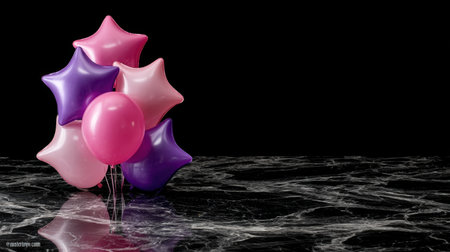 A vibrant collection of star and round balloons in pink and purple hues placed on a dark marble surface, perfect for adding a cheerful touch to any celebration or special event.の素材