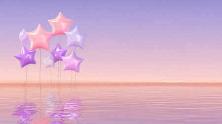 A collection of colorful star-shaped balloons floats above a calm water surface, reflecting the enchanting colors of a pastel sunset sky, perfect for events or celebrations.の素材