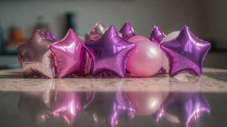 A vibrant display of pink and purple star-shaped balloons rests on a glossy marble surface, capturing holiday spirit and creative decoration ideas for various celebrations.の素材