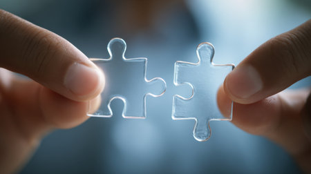 Two clear acrylic puzzle pieces held in hands represent the idea of connection and teamwork in solving challenges and fostering collaboration in a business setting.の素材