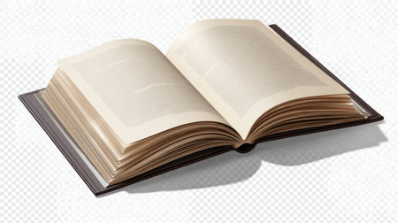 An open book featuring cream-colored pages resting on a white background, symbolizing the beauty of literature and the joy of reading. Perfect for educational and creative projects.の素材