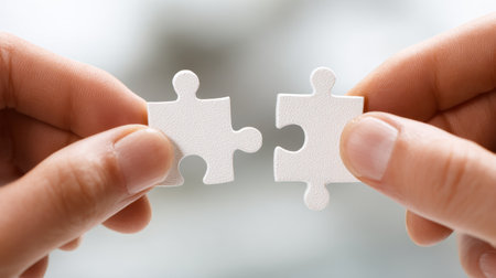Two hands grasp two white puzzle pieces, illustrating the concept of connection and unity against an abstract background, perfect for themes of teamwork and problem solving.の素材