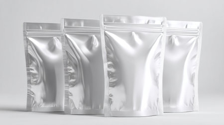 A set of silver mylar stand-up pouches arranged neatly on a soft neutral background, ideal for showcasing packaging, storage options, or modern product displays with a stylish appeal.の素材