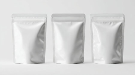 Set of three empty stand-up pouches featuring a sleek design on a bright background, perfect for showcasing food products, supplements, or snacks in an attractive manner.の素材
