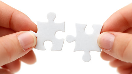 Two hands hold white puzzle pieces, poised to connect, representing themes of teamwork, problem solving, and the journey towards completing goals and challenges.の素材