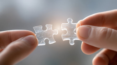Two hands grasp transparent puzzle pieces against a soft light background, representing connection and the beauty of collaboration and problem-solving in everyday life.の素材