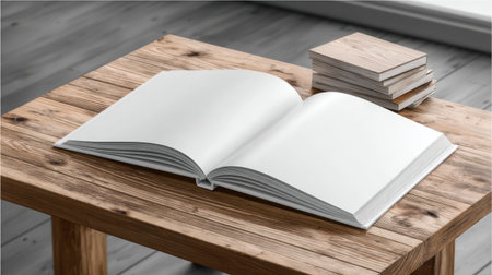 An open book with blank pages rests on a wooden table, surrounded by stacked books, creating a serene atmosphere perfect for writing or creative endeavors.の素材