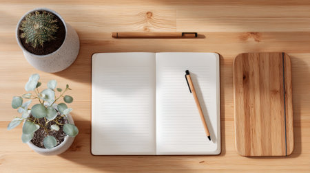 A serene workspace featuring a minimalist notebook, natural plants, and wooden accessories on a light surface. Perfect for inspiring creativity and enhancing productivity.の素材