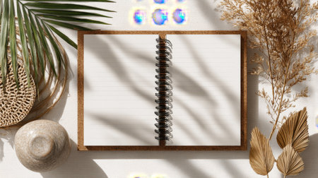 This aesthetic flat lay features a blank notebook amidst dried flowers and green leaves, creating a serene atmosphere perfect for creativity and reflection.の素材