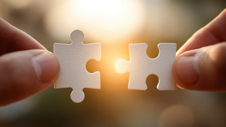 Two hands grasp two white puzzle pieces in an ethereal setting, representing the essence of connection and teamwork against a backdrop of dawn or dusk light.の素材